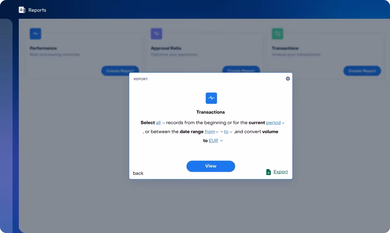 Reports page with performance, approval ratio and transactions tiles