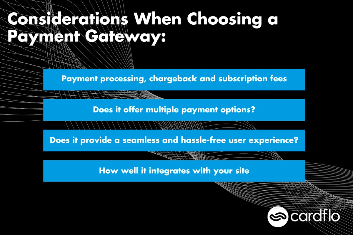 Infographic list of consideration when choosing a payment gateway