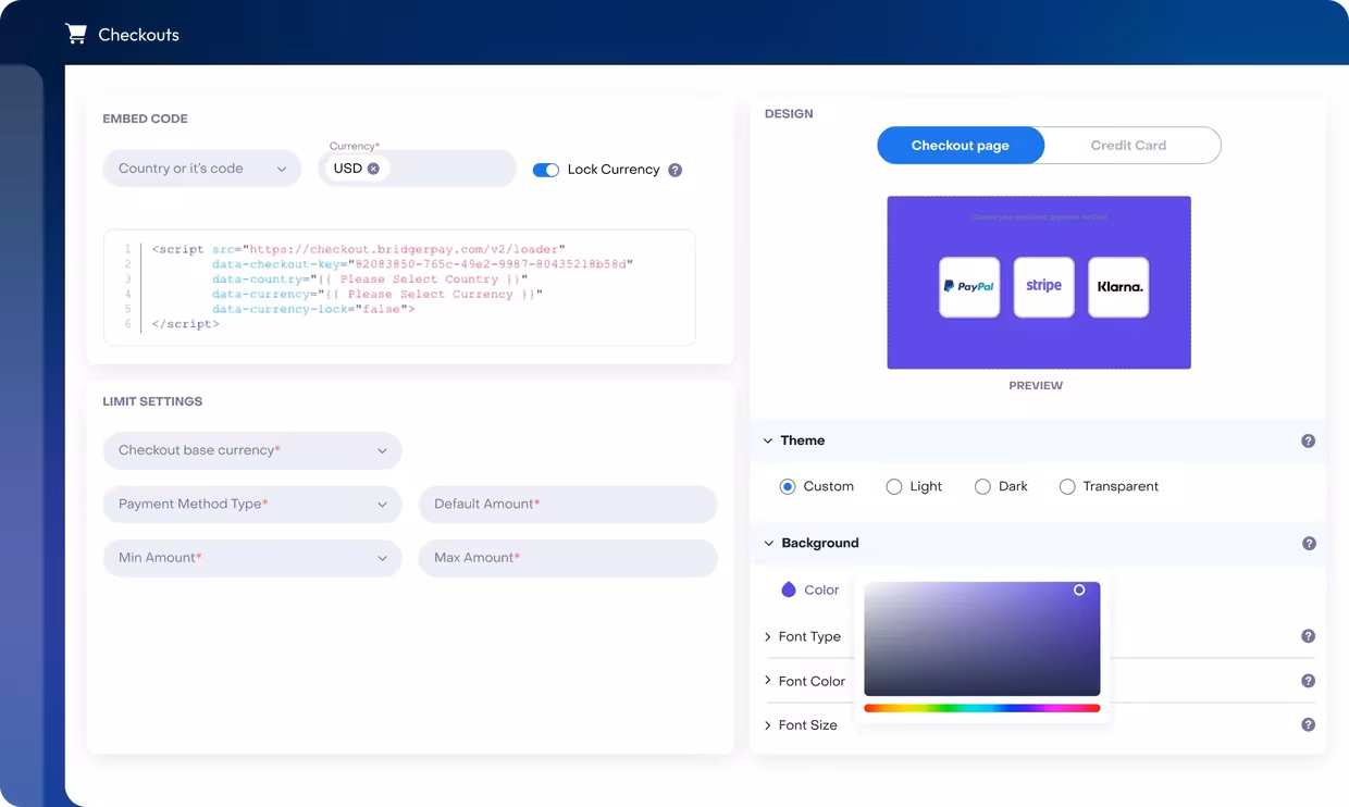 Checkout builder with embed code, currency lock and design preview